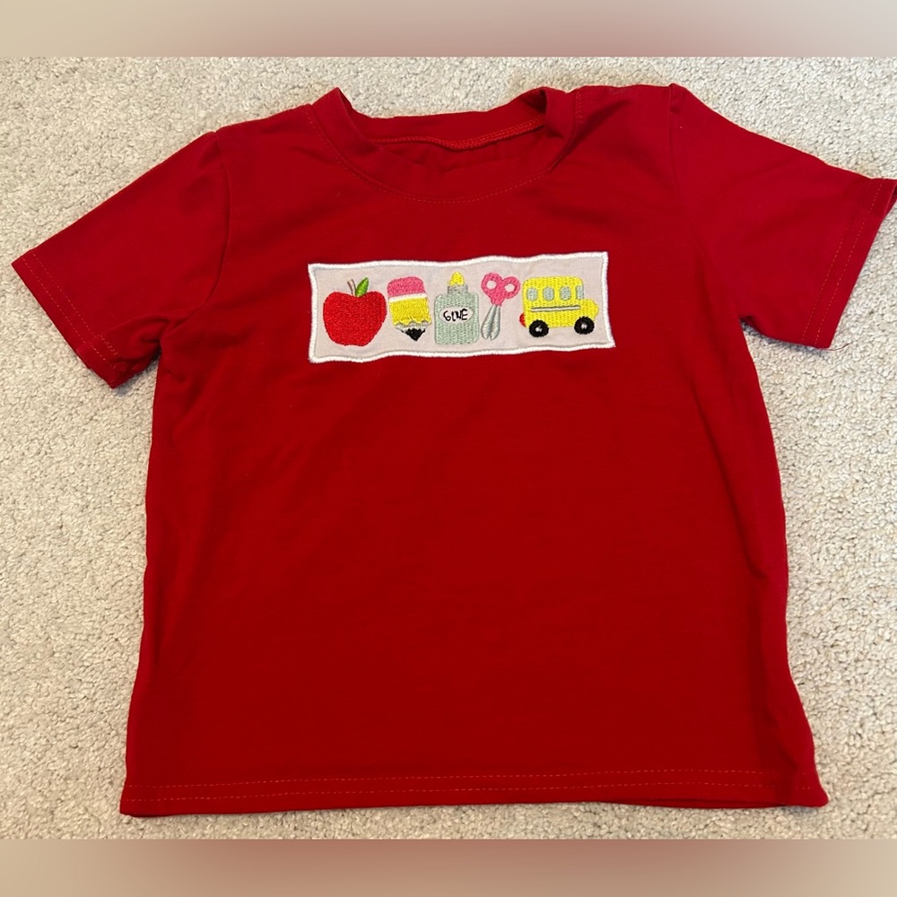 Adorable back to school tee! Red Kids Shirt with Fun School Embroidery. EUC!